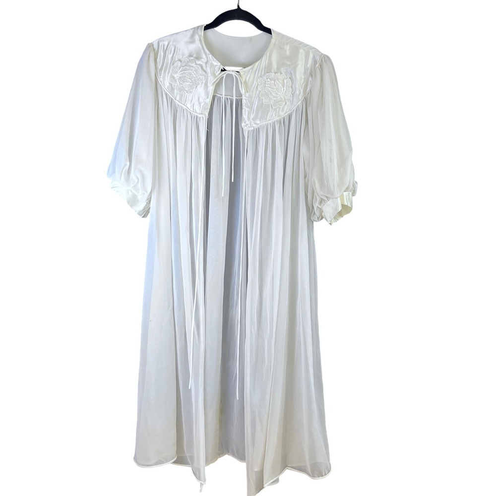 Vintage White Sheer Peignoir Robe Satin Floral Embroidered Collar Tie Front 41in